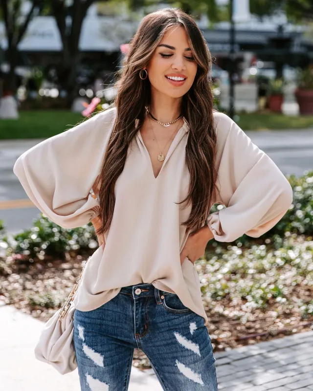 Women's Cool Long sleeved Shirt Solid Color Comfortable Casual V neck Loose Top Khaki - Shop at LoveMi