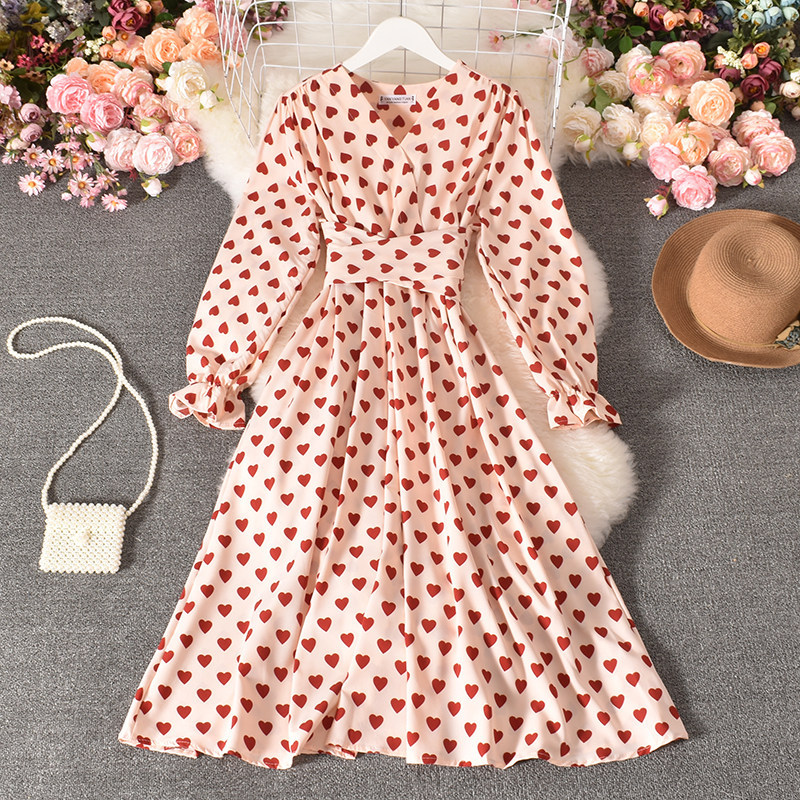 Tie Belt Love Pleated Long Dress