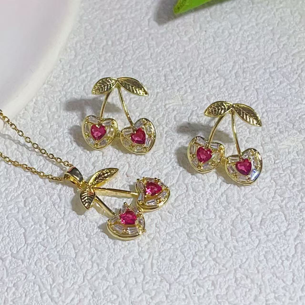Temperament Cherry Pendant Earrings Jewelry Set