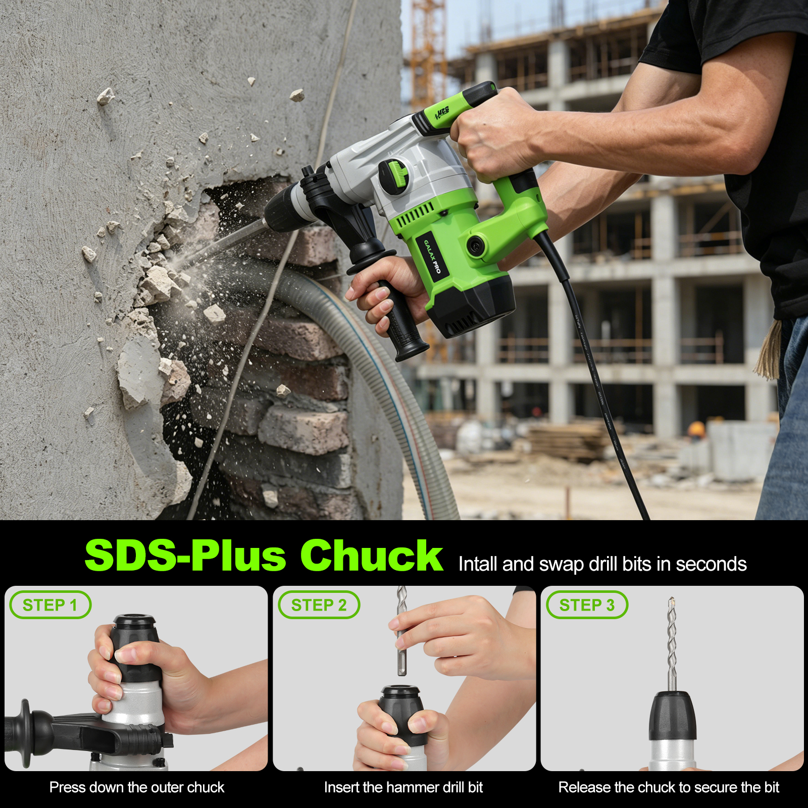 Galax PRO SDS Plus Rotary Hammer Drill 1500W 4000RPM, 4 In 1 Functions, Anti — image 6