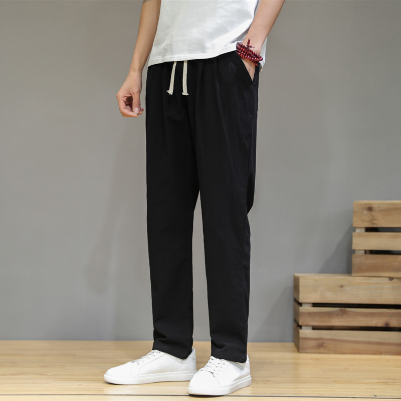 Spring And Summer Chinese Style Linen Pants Men's Loose Straight Elastic Waist Pure Linen Trousers Linen Cotton And Linen Casual Pants
