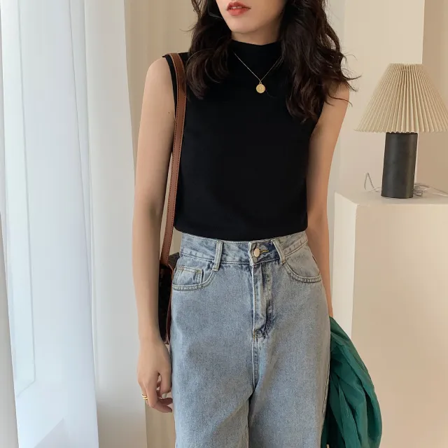 Versatile Half Turtleneck Bottoming Sweater Vest Top Black - Shop at LoveMi