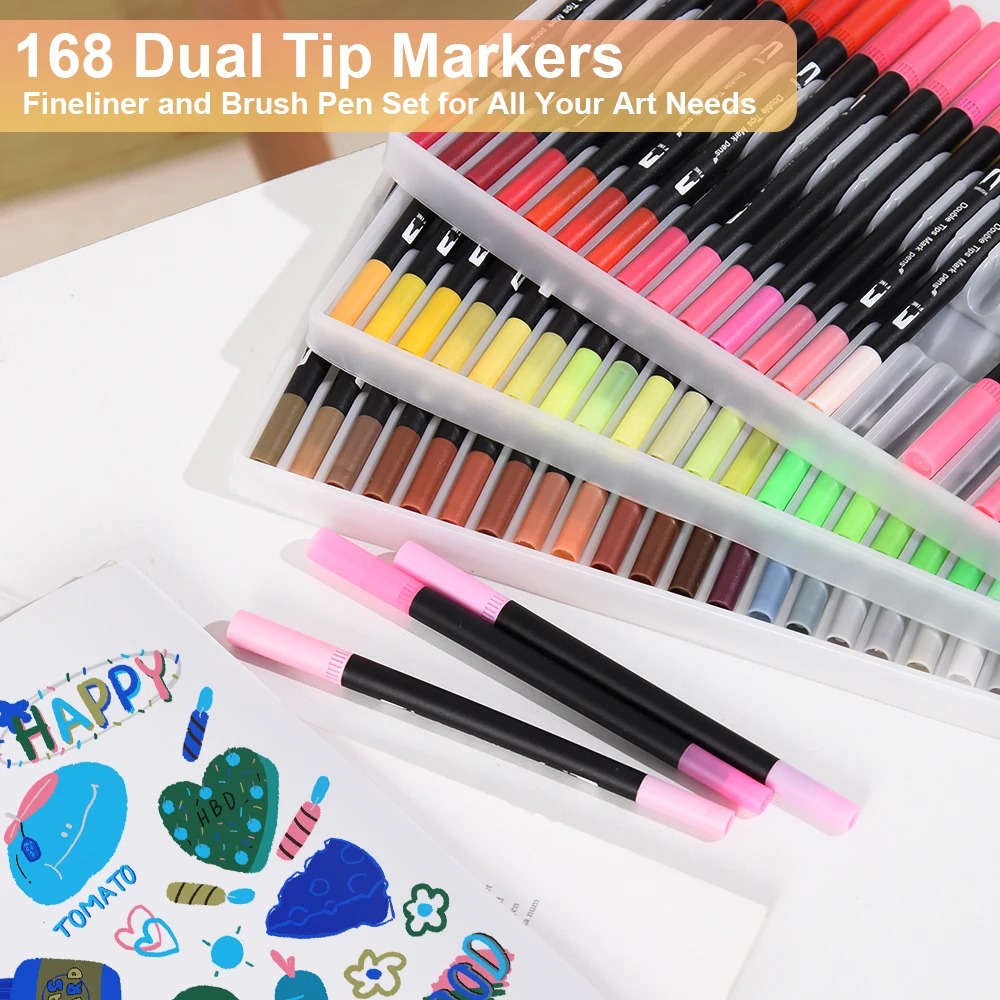 168 Colors Dual Tip Brush Markers Set Black Barrel Watercolour Pens — image 5