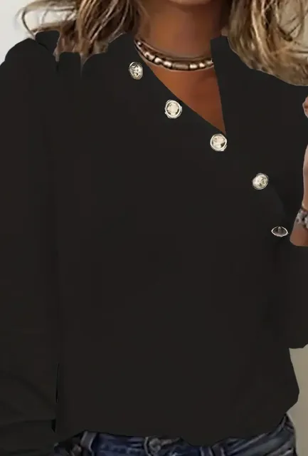 Asymmetrical Neck Button Blouse, Casual Solid Long Sleeve Simple Blouse, Women's Clothing Black - Shop at LoveMi