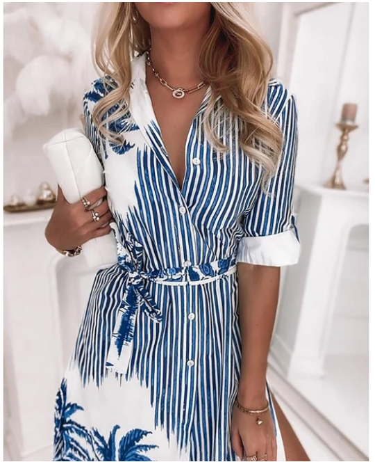 Blue Striped Slit Print Lining Dress
