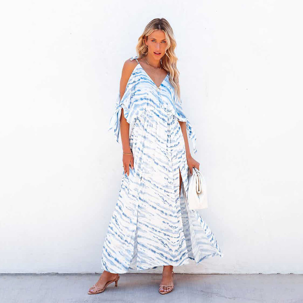 Women's Printed V-Neck Off Shoulder Sling Irregular Dress