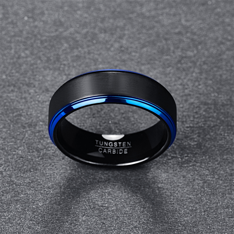 Frosted Blue Step Edge Plated Black Men's Tungsten Steel Ring