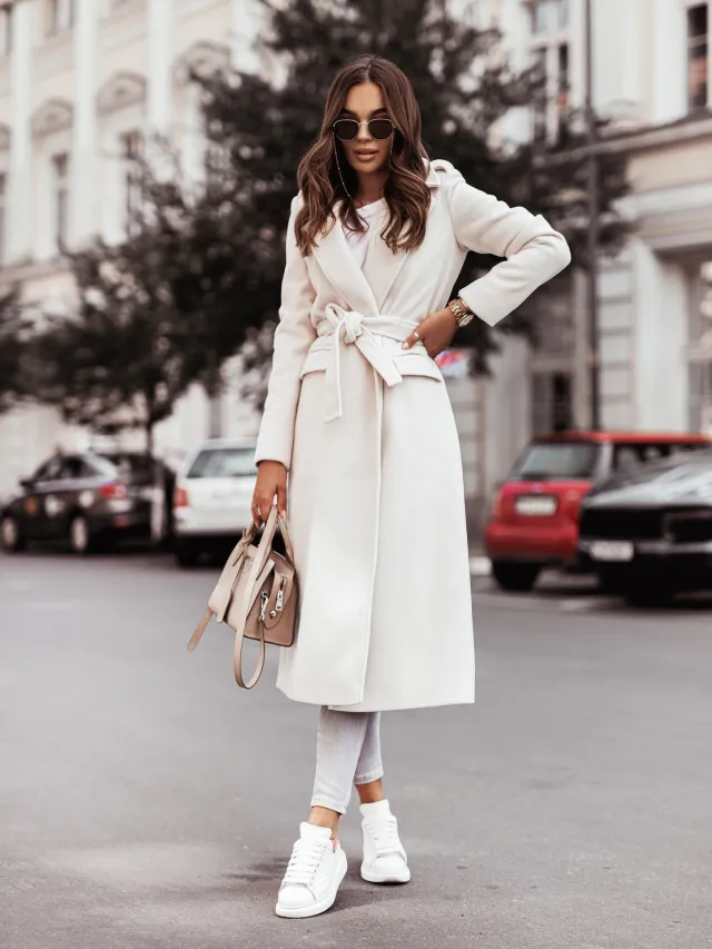 Long Sleeve V neck Tie Woolen Coat Women's Clothing White - Shop at LoveMi