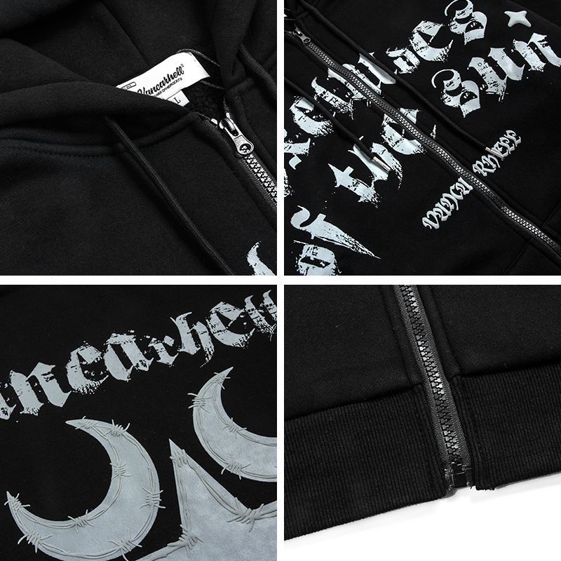 American High Street Creative Printing Cardigan Zipper Hooded Sweater