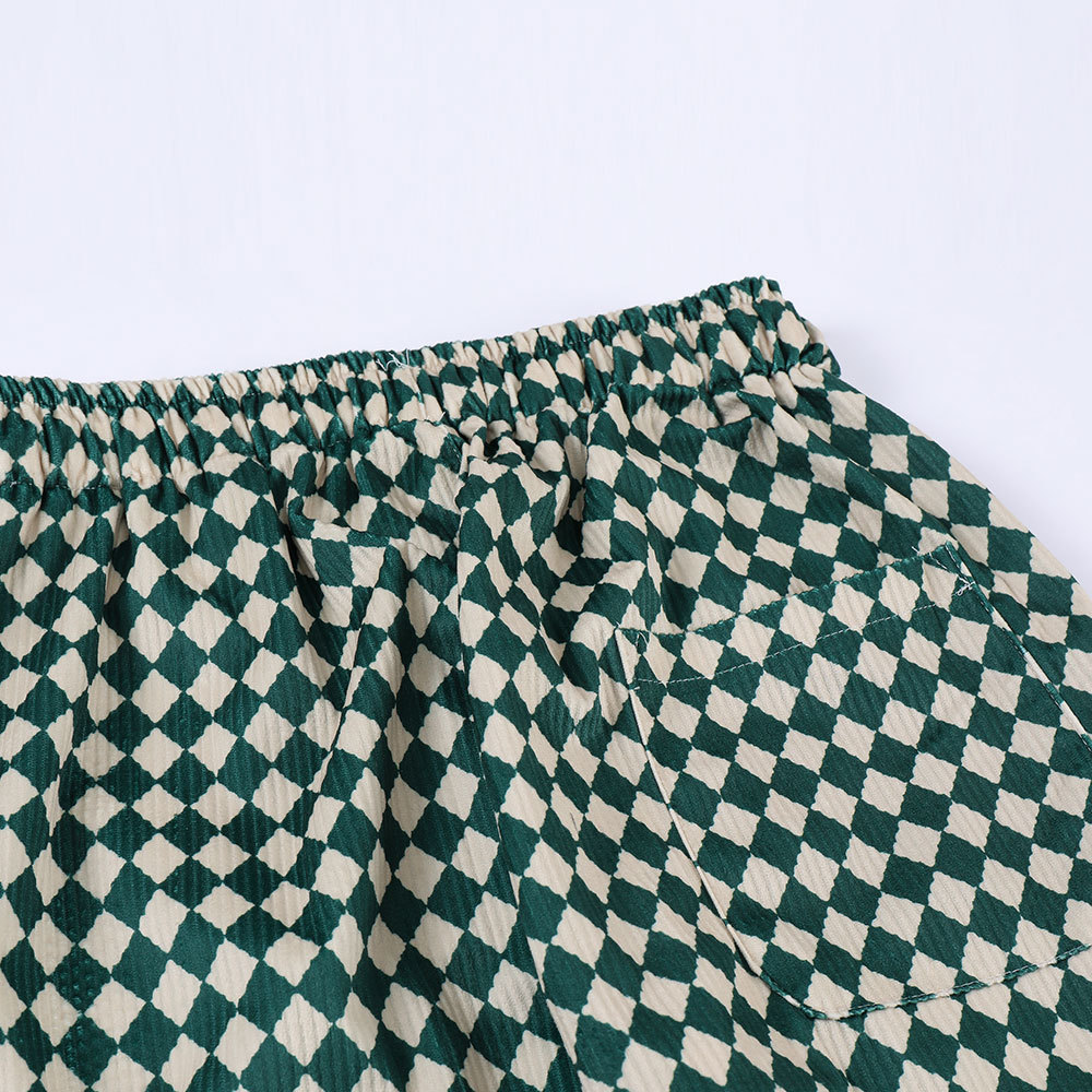 Elastic Waist Wide Leg Diamond Check Casual Pants