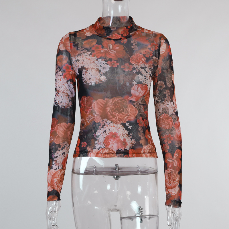 Round Neck Long-sleeved Flower Printing Net Yarn T-shirt Women