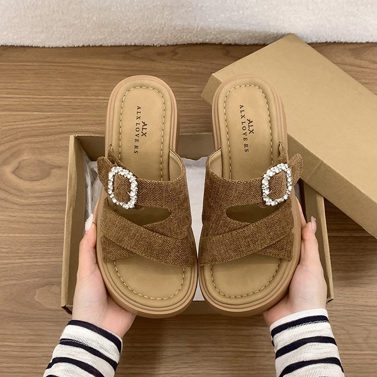 Thick Soled Sandals For Women In Summer, Retro Boken One Line Drag, Sponge Cake Beach Sandals For Outdoor Wear