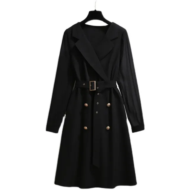 Women's French Temperament Chiffon Stitching Suit Tie Tie Waist Mid length Dress Black - Shop at LoveMi