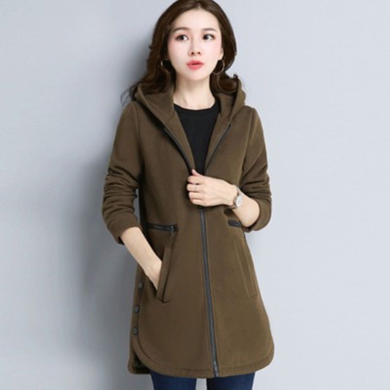 Hooded Zipper Plus Fleece Sweater Casual Loose Mid-Length Women's Jacket