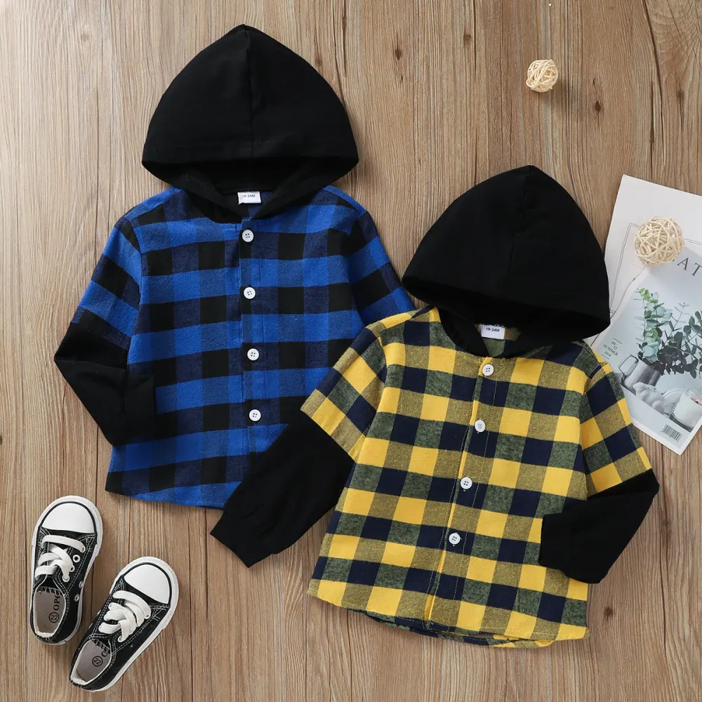 Hooded Plaid Sleeves Single Breasted Top Boys Middle Child