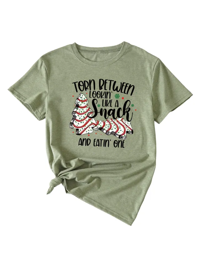 Simple Pattern Printing Ladies Round Neck Short Sleeve Tops Olive - Shop at LoveMi