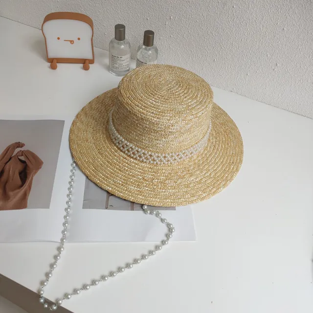 Women's Detachable Pearl Chain Flat Top Straw Hat Double Row Pearl - Shop at LoveMi