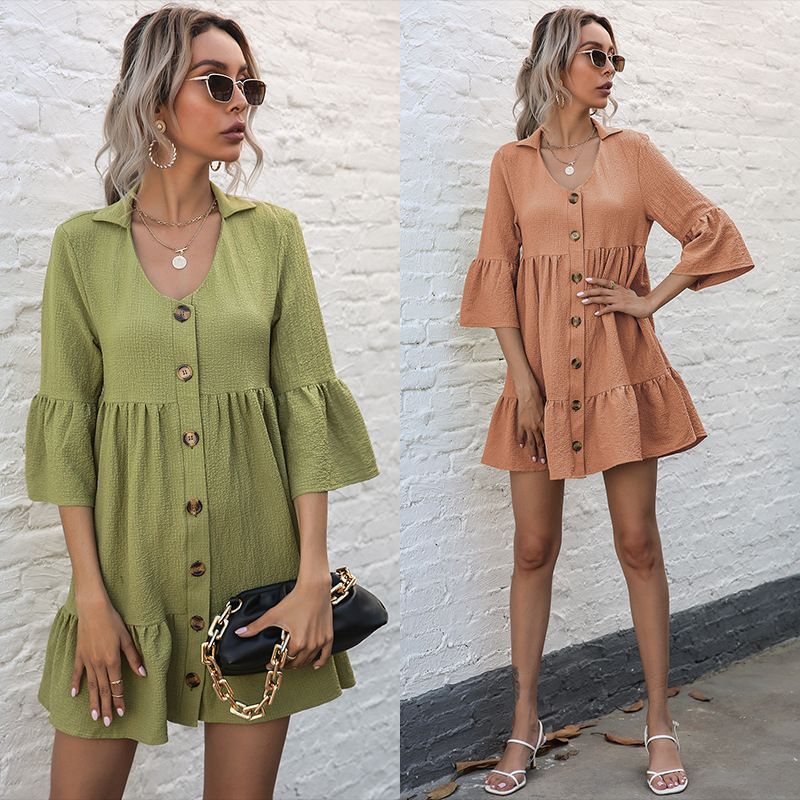 European And American Trade Loose Skirt Solid Color Polo Collar Five-quarter Sleeve Doll Dress