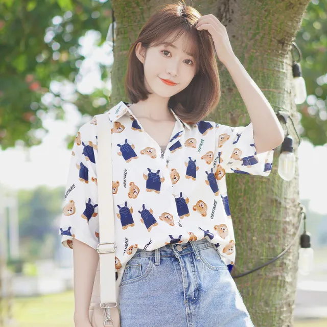 Silk Kaqi Summer New Loose Bear Print Chiffon Shirt Girl Short sleeved Harajuku Casual Floral Shirt Trend White - Shop at LoveMi