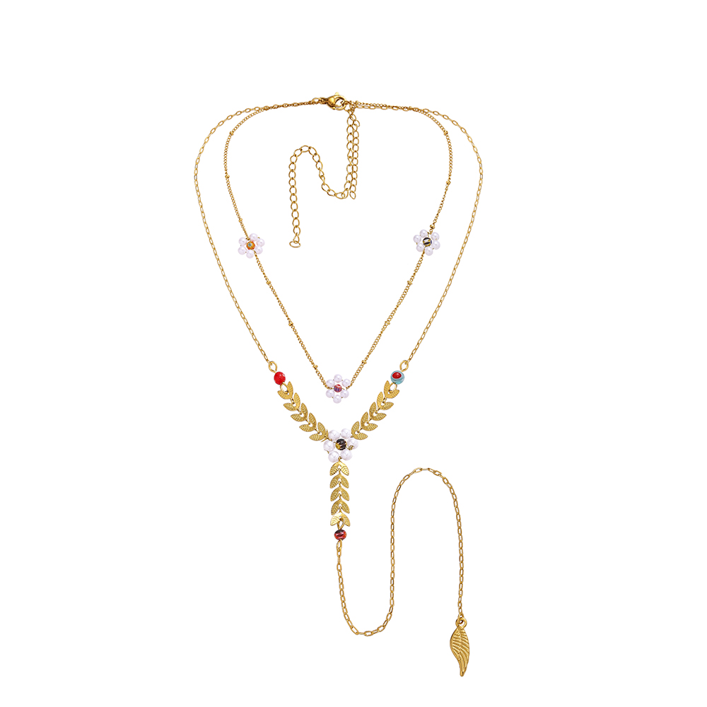 Stainless Steel Golden Wheat Ear Pendant With Pearl Flowers