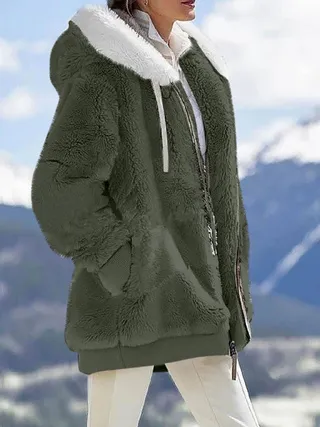 Fall And Winter Loose Plush Long Sleeves With Zippered Pockets And Hooded Warm Jacket Army Green - Shop at LoveMi