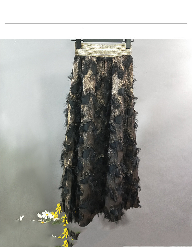 Title 1, Gold Thread Elastic Waist Long Feather Skirt Skirt