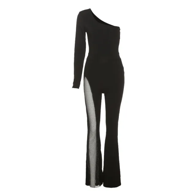 Autumn Women's Fashion One shoulder Long sleeved Mesh Jumpsuit Black - Shop at LoveMi