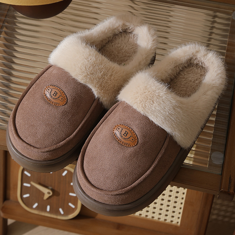 Winter plush slippers for men, casual, versatile, warm, suede, indoor house shoes, non-slip, bedroom slippers.