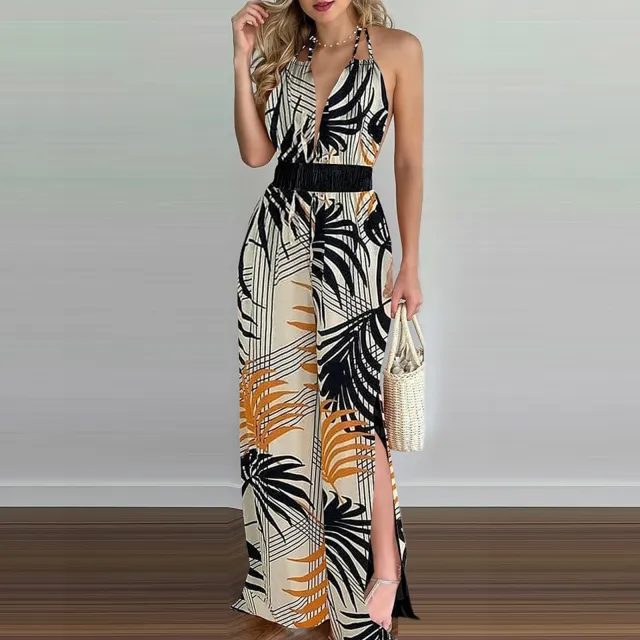 Printed Suspender Dress Plus Size Loose Jumpsuit Khaki - Shop at LoveMi