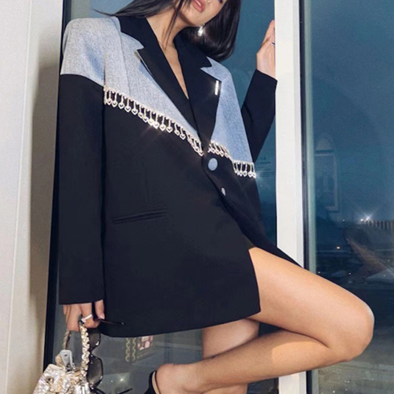 Retro Hong Kong Style Denim Splicing Blazer Female