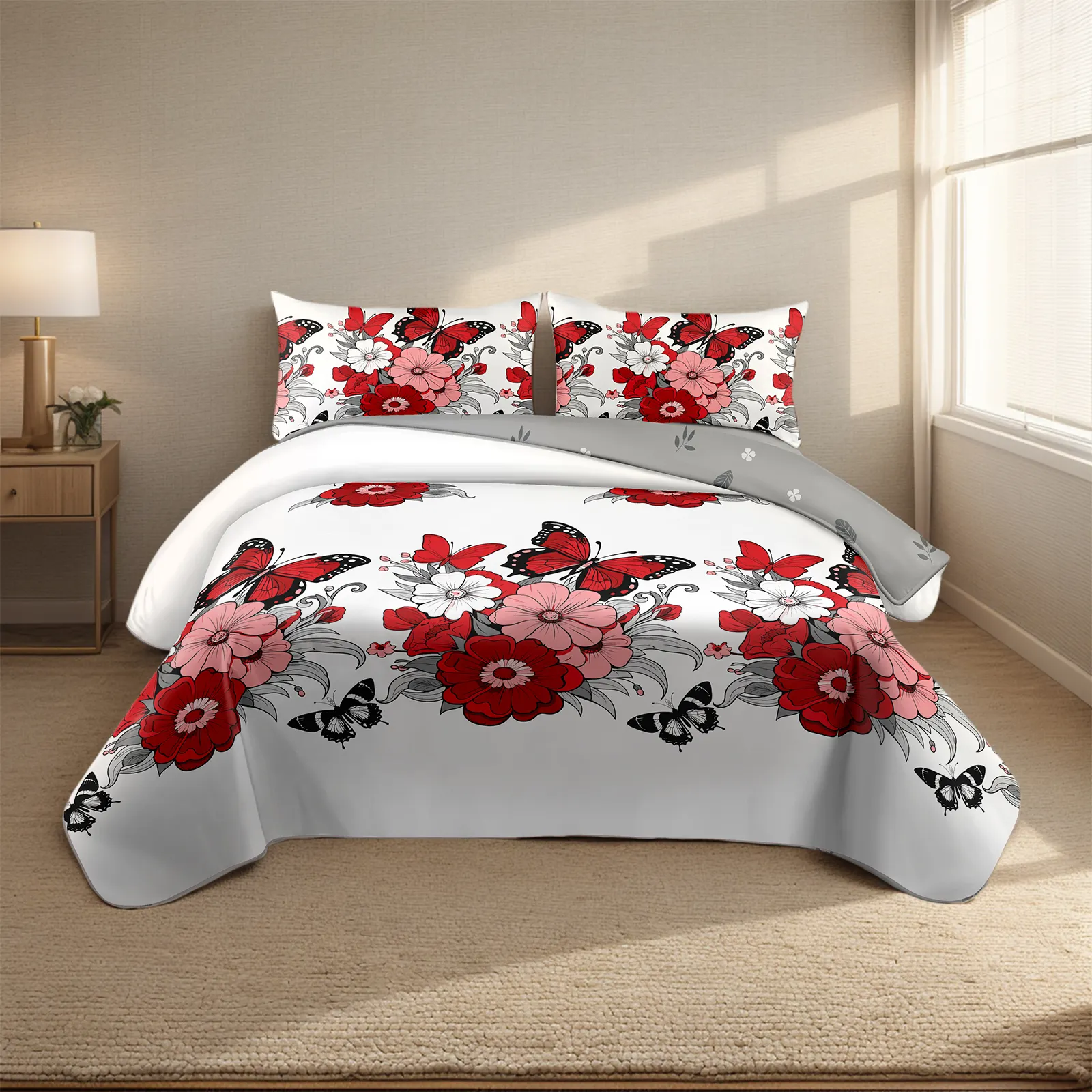 Red Floral Butterfly 4-Piece Duvet Cover Set