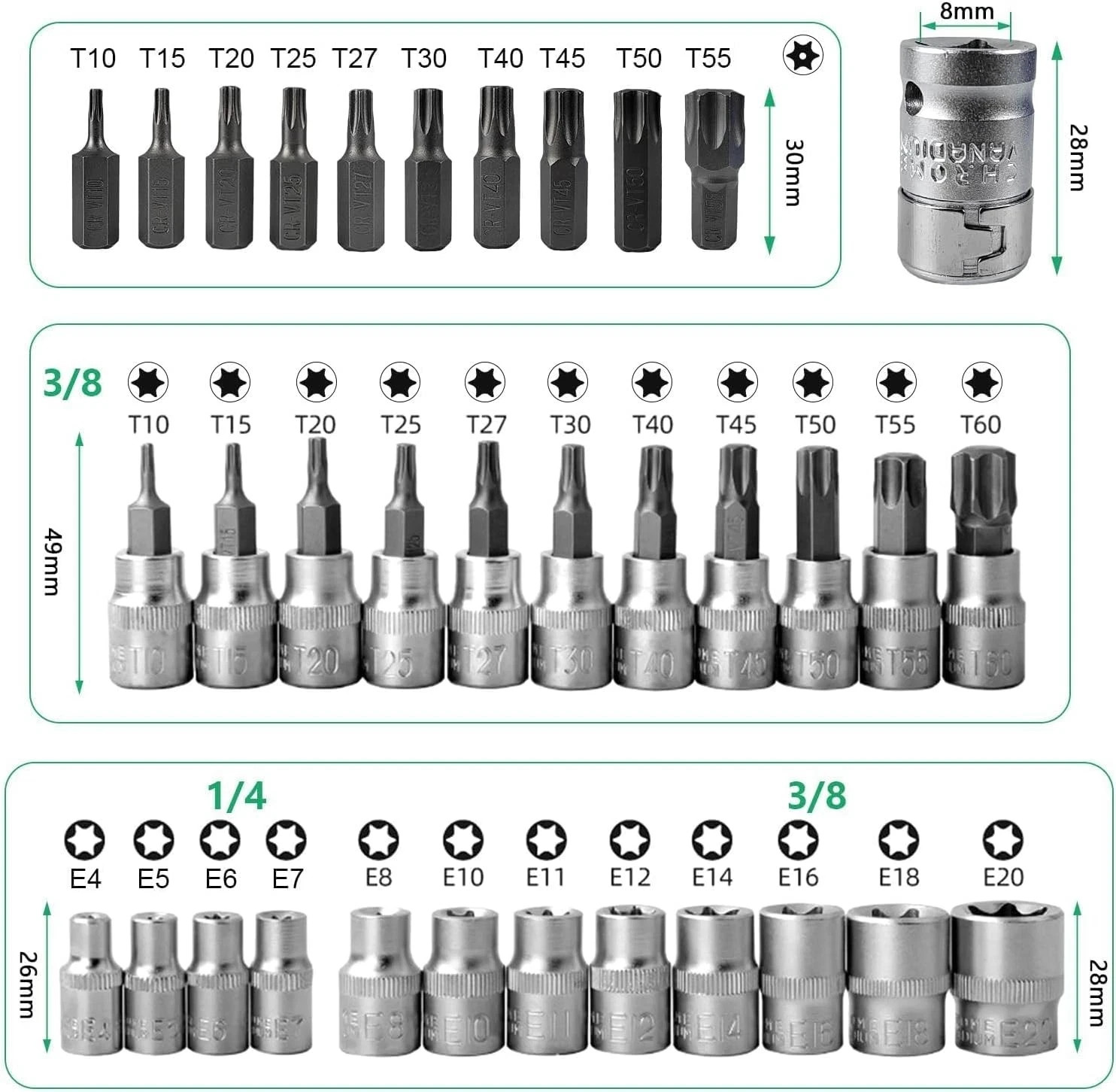 34pcs Torx Star Socket & Bit Set Male Female E & T Sockets Torx Bits With Case — foto 8