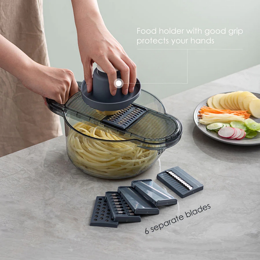 Mandoline slicer with large bowl and 6 blades