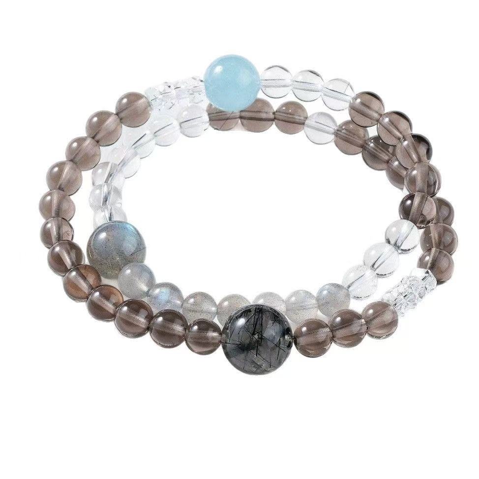 Natural Smoky Quartz  Black Rutilated Quartz Bracelet Aquamarine Multi Layer Beaded Chain Energy Jewelry For Women