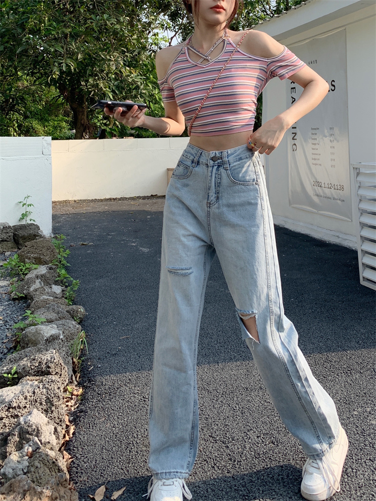 Ripped Jeans Women's Light Blue Distressed Vintage Wide Leg Trousers