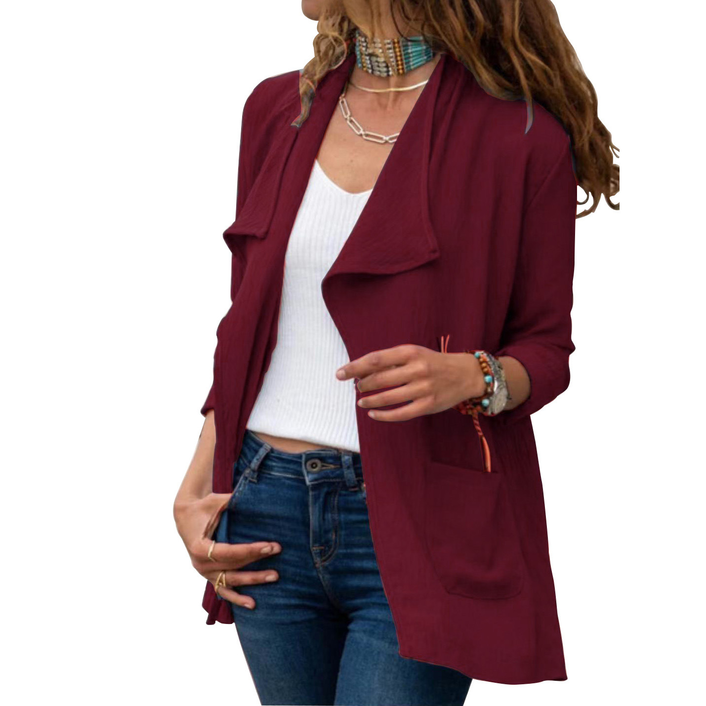 Women's Solid Color Long sleeved Short Windbreaker Casual All match Cardigan Jacket Wine Red - Shop at LoveMi