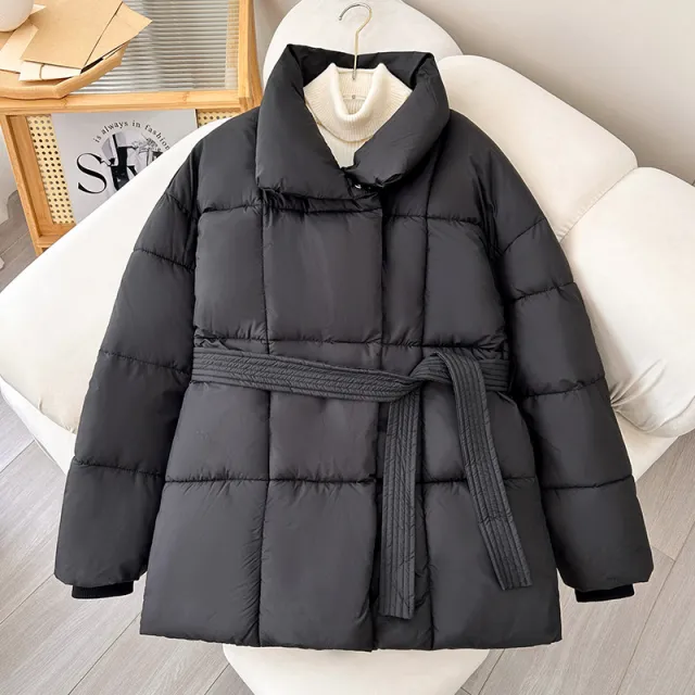Winter Plaid Sewing Lapel Coat With Lace up Design Fashion Loose Solid Thick Jacket Outerwear Women's Clothing Black - Shop at LoveMi