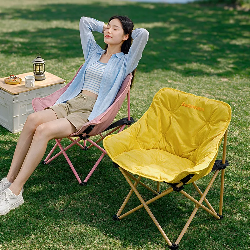 Portable Padded Moon Chair, Cotton Linen Folding Camping Chair, Heavy Duty Steel Frame, 120KG Load Capacity, Lightweight Foldable Lawn Chair With Side Pocket & Carry Bag For Camping, Picnic, Beach,