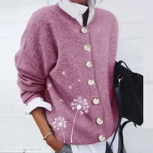 Women's Cardigan Top Cashmere Wool Printing Long Sleeved Sweater Women Pink - Shop at LoveMi