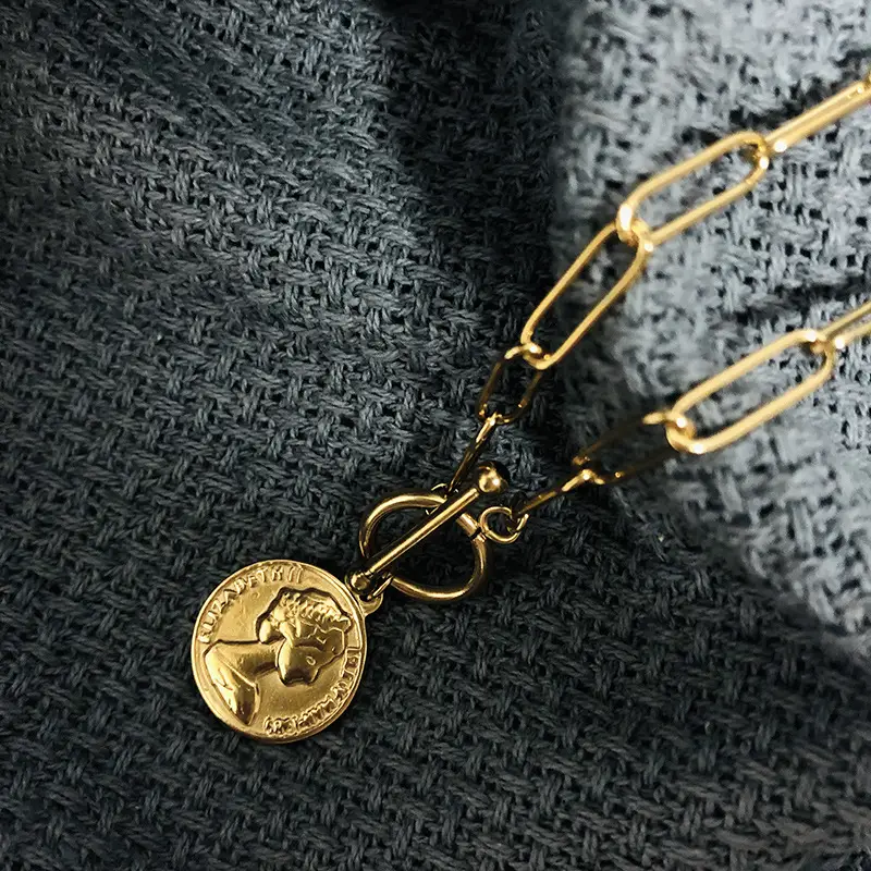 Electroplated 18K Gold Coin Titanium Steel Necklace OT Buckle Necklace