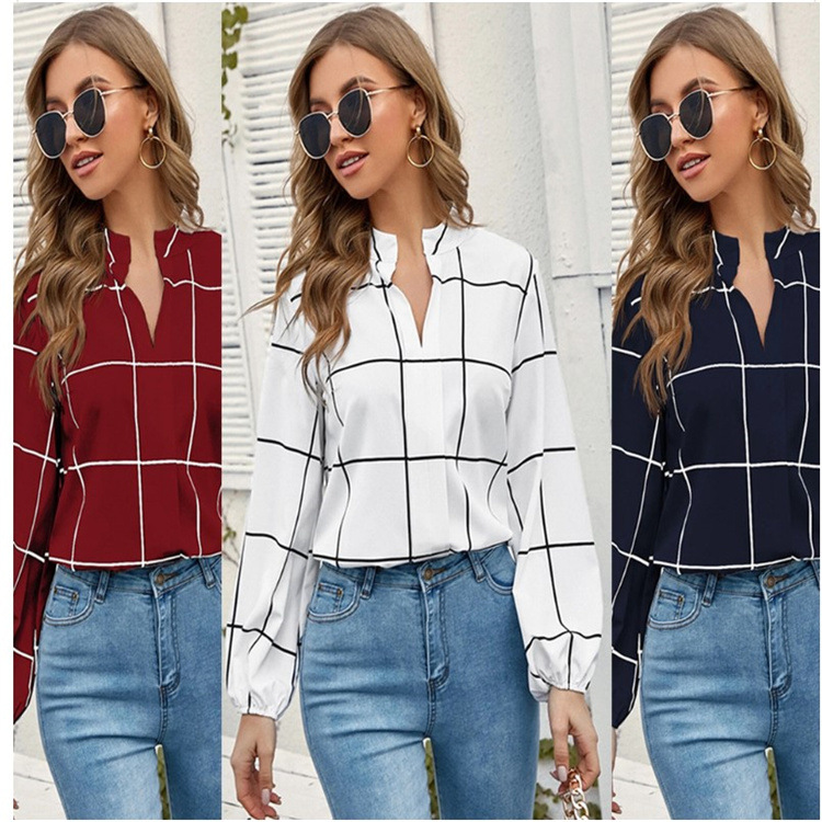 Shirt Stand Collar Long Sleeve Plaid Print Women's