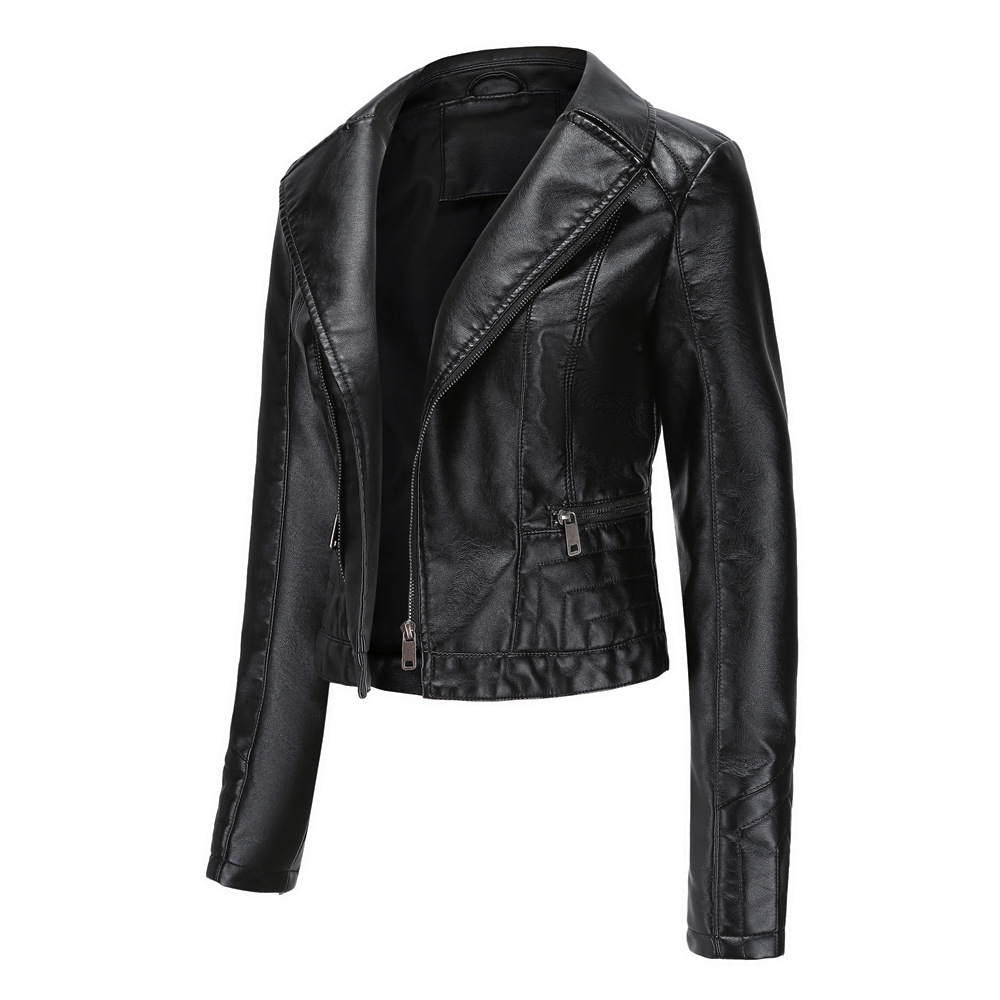 Womens Fashion Lapel Spring And Autumn Washed PU Leather Jacket Black - Shop at LoveMi