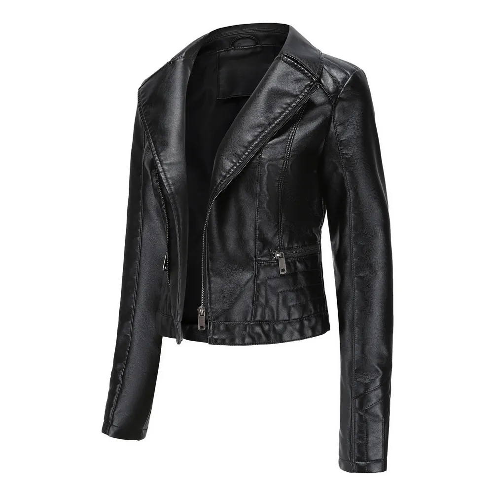 Womens Fashion Lapel Spring And Autumn Washed PU Leather Jacket - Black