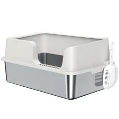 Stainless Steel Litter Box With High Side, Scoop, Easy Cleaning & Anti-Urine Leakage, For Big Cats, Light Gray - Gray - View 1
