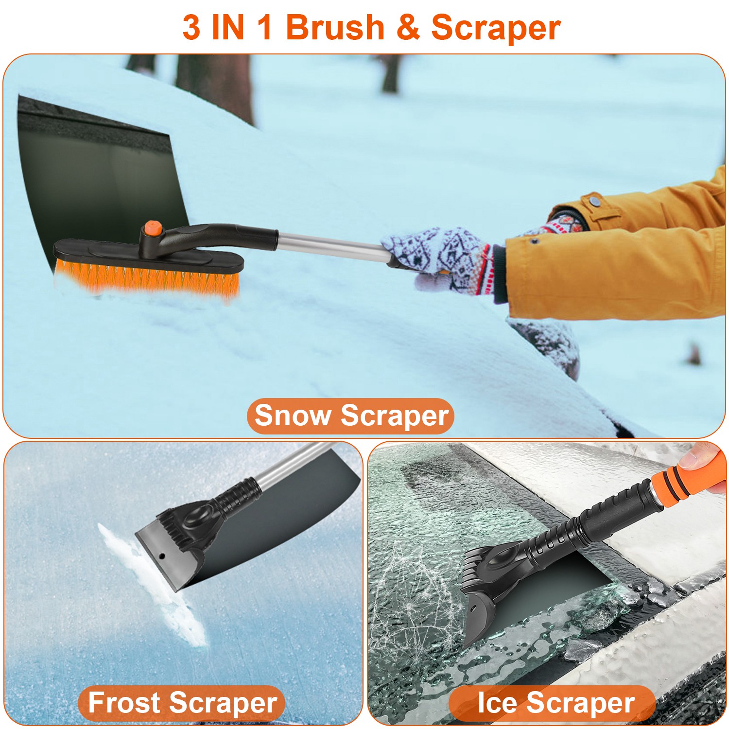 3 Color Options -- 1Pc 3 In 1 Windshield Ice Scraper Extendable Car Snow Removal Tool Telescoping Car Broom Snow Shovel Automobile Frost Removal - Image 15