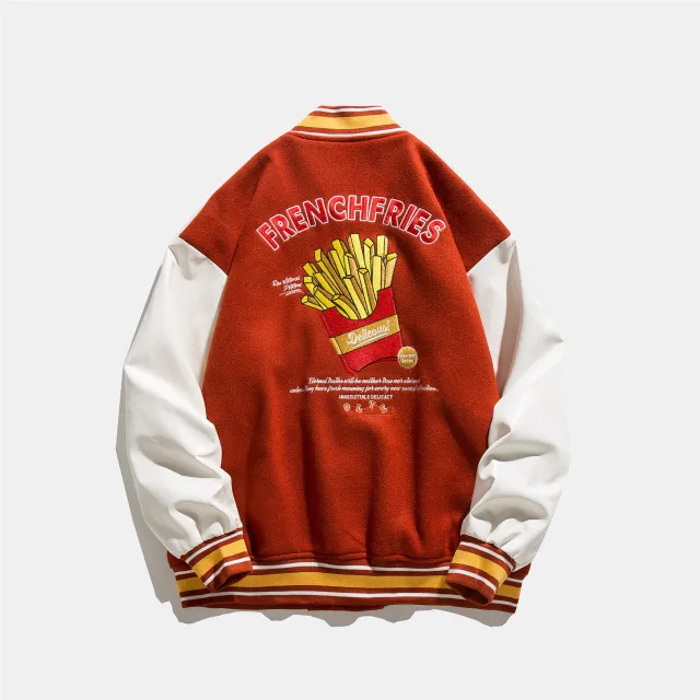 Couple Loose Casual Baseball Uniform French Fries Embroidered Jacket Red - Shop at LoveMi