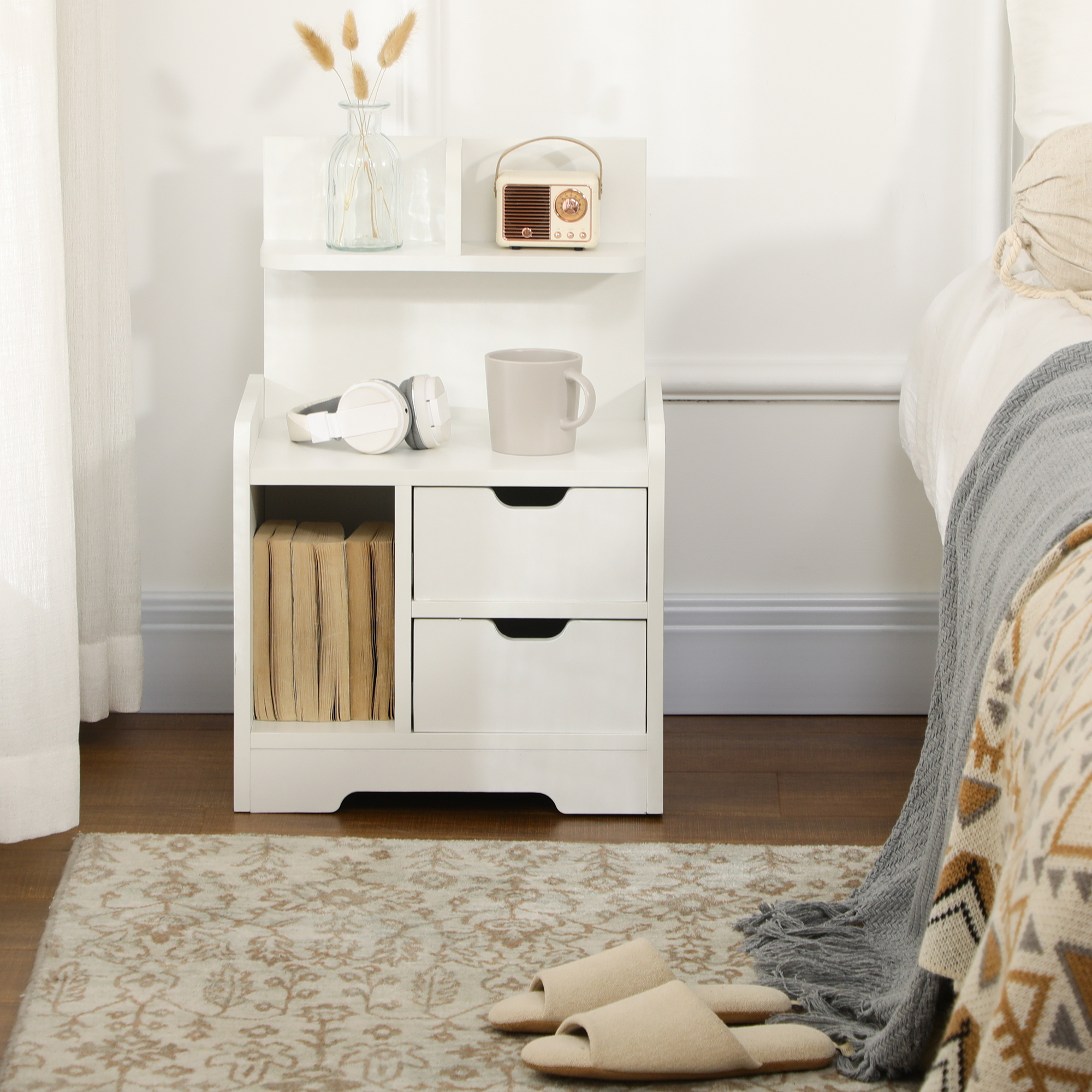 Bedside Table, Small With 2 Drawers And Storage Rack, Modern Bedroom White — image 3