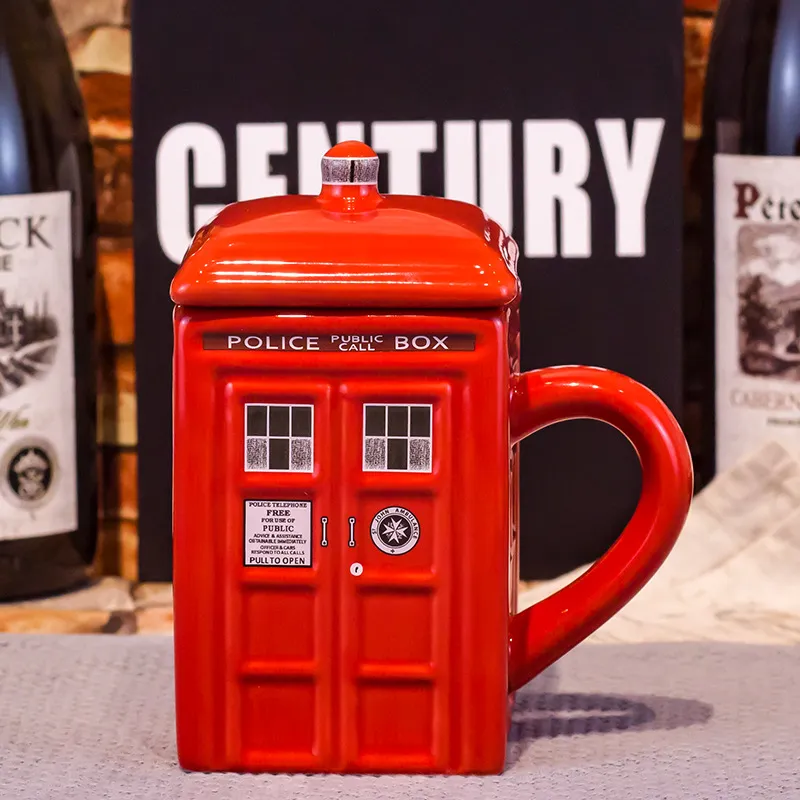 Police Box Ceramic Cup With Lid For Tea Coffee Mug - Round Red