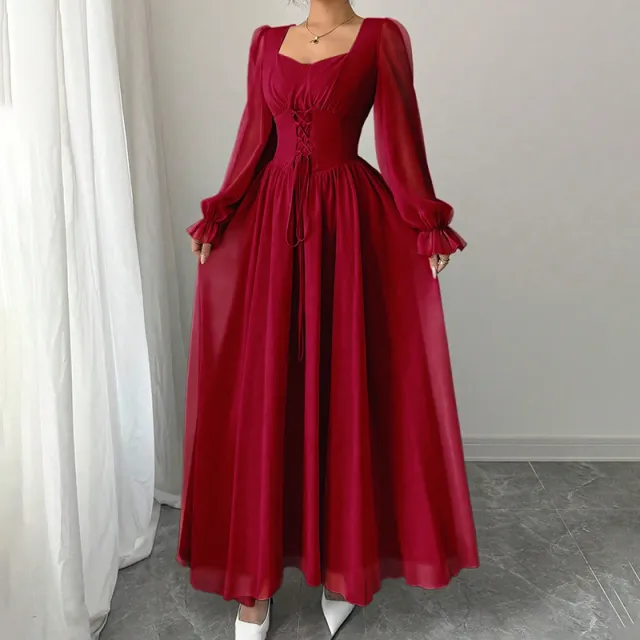 Women's Square Neck Long Sleeve A Line Maxi Dress With Puff Sleeves & Tie Waist For Wedding Guest, Party, Formal Events Red - Shop at LoveMi