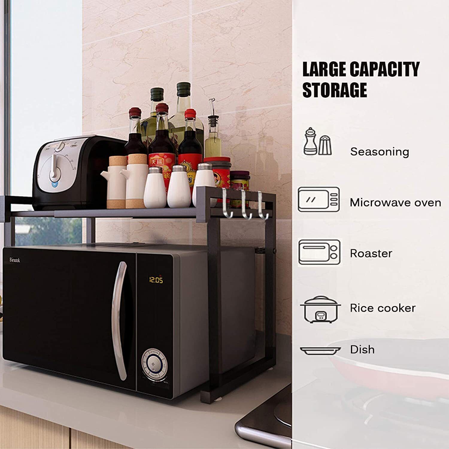 Black Single-layer Double Bar With 6 Hooks And Extendable Kitchen Storage Rack — image 7